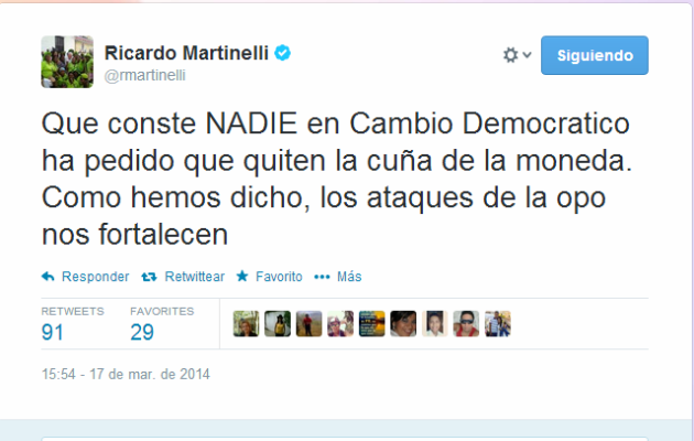 Tuit del presidente Ricardo Martinelli.