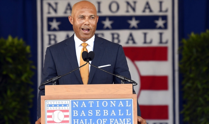 Mariano Rivera fue el último que habló en la ceremonia de inducción al Salón de la Fama. Foto AP