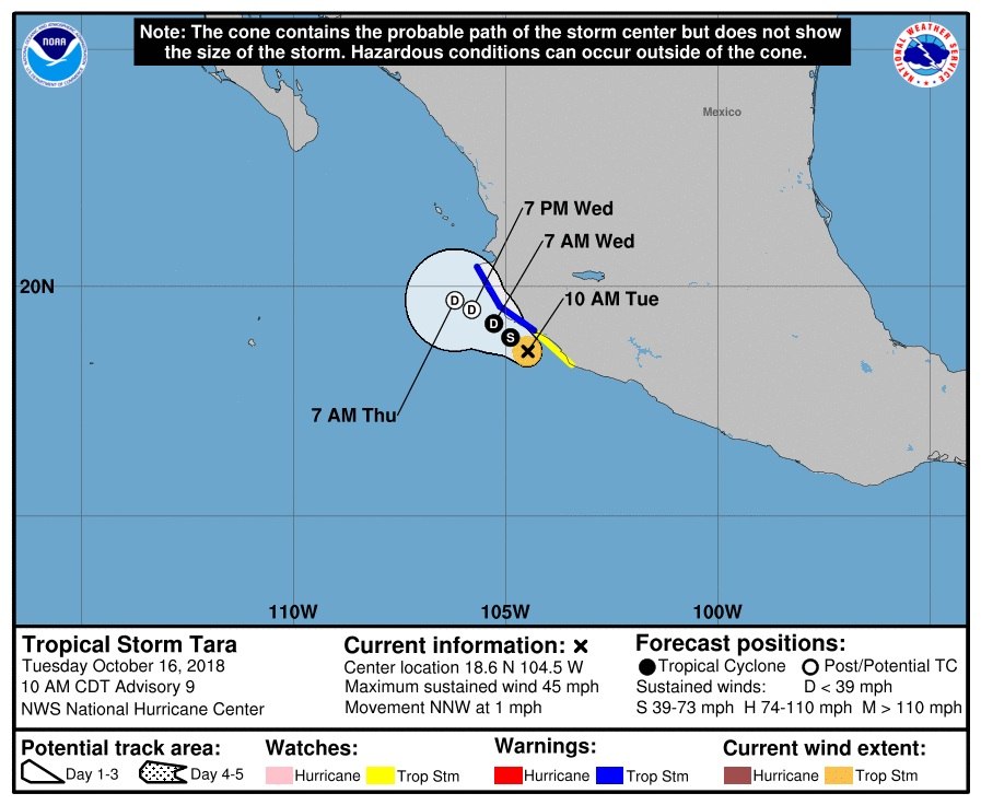  El pronóstico de cinco días de la tormenta tropical Tara que prosigue en su camino hacia la costa mexicana. EFE