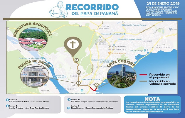 Mapa conceptual con el recorrido del papa, el primer día. Víctor Arosemena