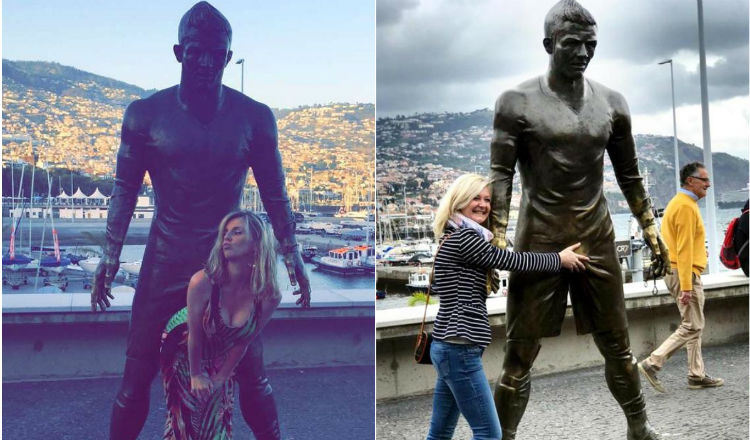 El vacilón de los turistas con la estatua de Cristiano Ronaldo. Foto Instagram