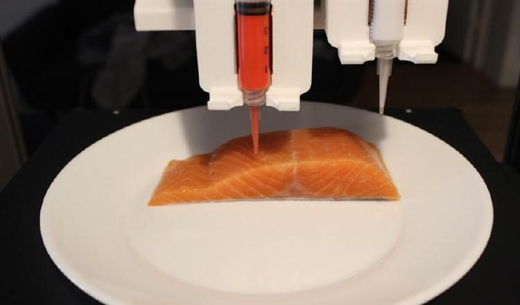 Vista de la producción de "salmón" vegano con impresoras 3D, idea de la "start-up" austríaca Legendary Vish.