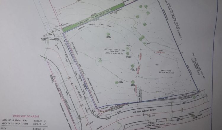 Delimitación del terreno que pertenece a la constructora (azul), y la servidumbre que, de acuerdo a la norma, deben respetar (verde).  Cortesía