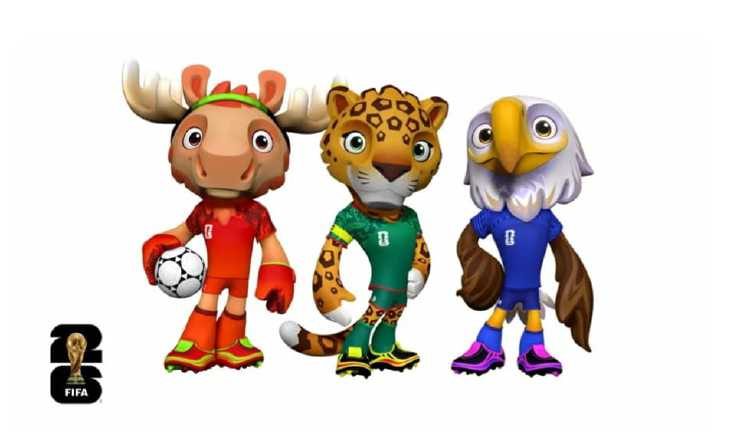 Mascotas del Mundial 2026 de izquierda a derecha: Maple, el alce canadiense; Zayu, el jaguar mexicano, y Clutch, el águila americana. Foto: ERFE