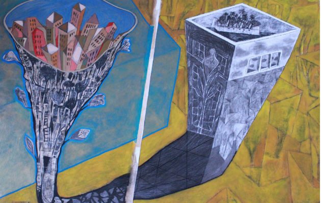 Iconos. Diptico, acrílico carboncillo sobre lino. Obra de Fernando Toledo. Se exhibe en Panamá Viejo. Foto: Cortesía.