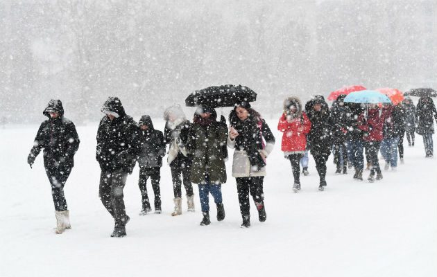 Varias personas caminan bajo una tormenta de nieve en el Green Park de Londres. Foto: EFE
