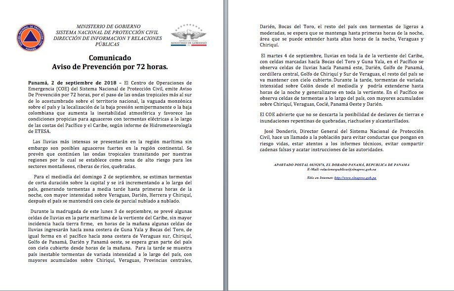 Sinaproc advierte de aguaceros y tormentas eléctricas