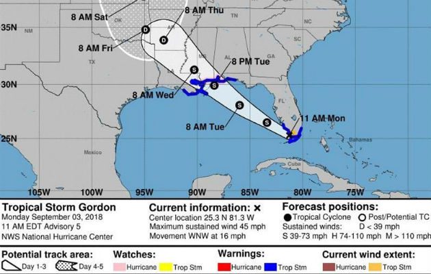 Se muestra el pronóstico de 5 días del paso de la tormenta tropical Gordon por el Golfo de México. Foto: EFE.