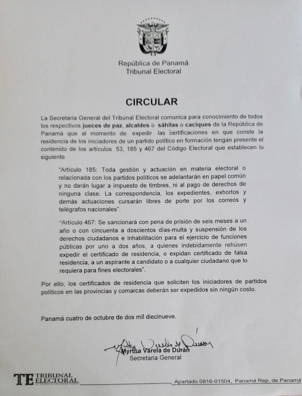 Hay una circular del Tribunal Electoral que establece las sanciones.