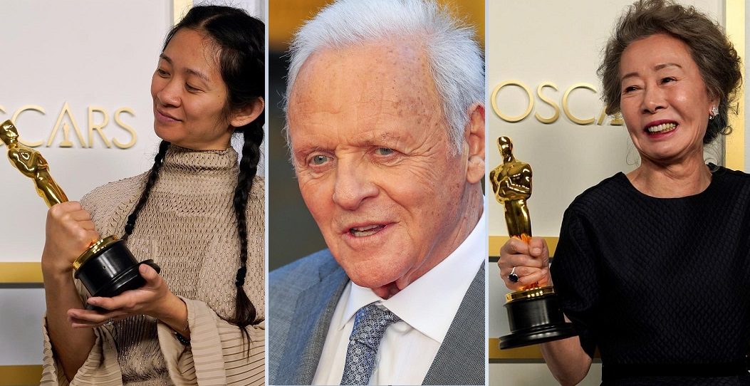 Chloe Zhao, Anthony Hopkins y Yuh-Jung Youn. EFE