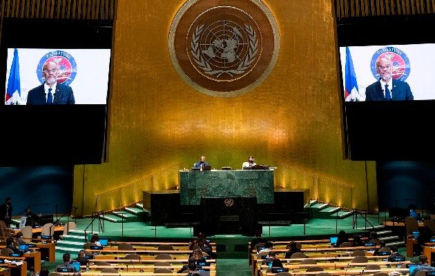 El primer ministro haitiano, Ariel Henry, intervino ante la 76 sesión ordinaria de la Asamblea General de las Naciones Unidas (ONU). Foto: EFE 