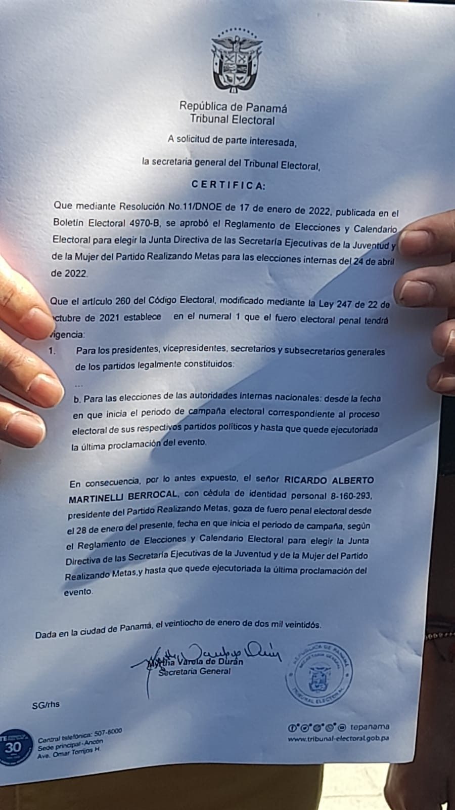 Certificación expedida por el Tribunal Electoral donde se reconoce el fuero penal de Martinelli. Foto: Grupo Epasa