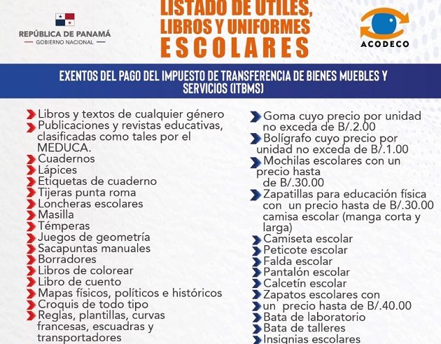 La Acodeco manifestó que se mantiene vigilante de que los letreros que contienen el listado de útiles exentos del impuesto, se mantengan a la vista de los consumidores en los comercios a nivel nacional.