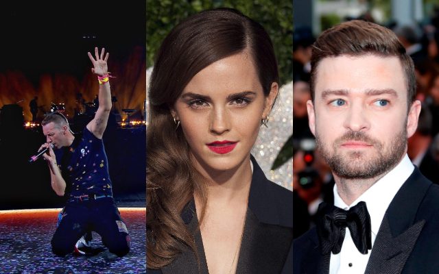 Chris Martin, Emma Watson y Justin Timberlake. Fotos: Instagram / EFE