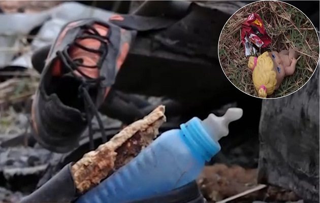 Vista de los artículos que pertenecían a los migrantes y quedaron en el lugar del siniestro vial.