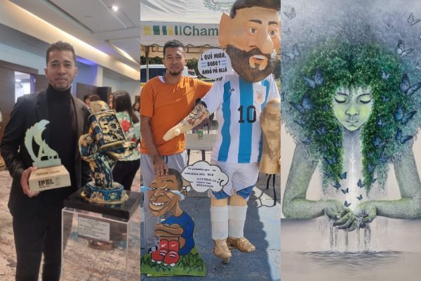 Víctor Álvarez, artista plástico, y algunas de sus obras. Fotos: Cortesía