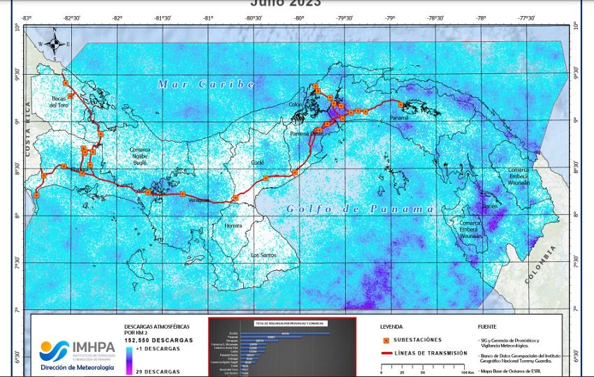 Mapa de descargas eléctricas atmosféricas correspondiente a julio de 2023, uno de los meses con mayor actividad. 