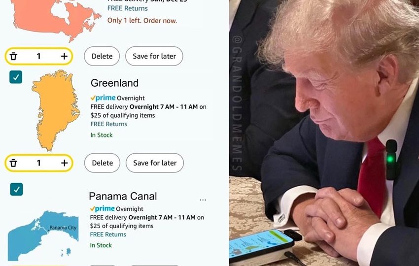  Donald Trump, junto a una imagen con varios mapas alusiva a la devolución de una compra en internet. Foto: .EFE/ @EricTrump 