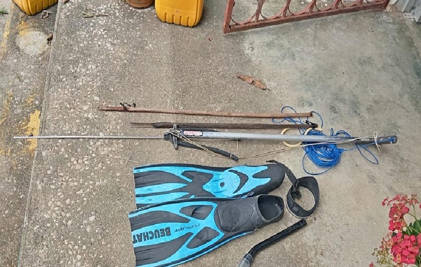 A los infractores les confiscaron dos especies de fauna marina, así como el equipo utilizado para esta actividad, que consistía en arpones, una máscara y un par de chapaletas. Foto. Cortesía. MiAmbiente