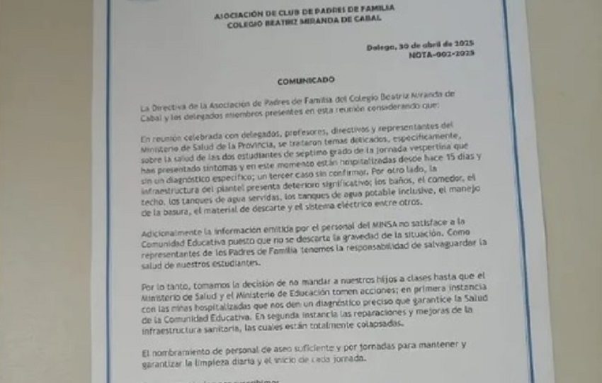En el comunicado los padres de familia del Colegio Beatriz Miranda de Cabal en Dolega, también hicieron referencia a otras situaciones que enfrenta el  centro educativo. 