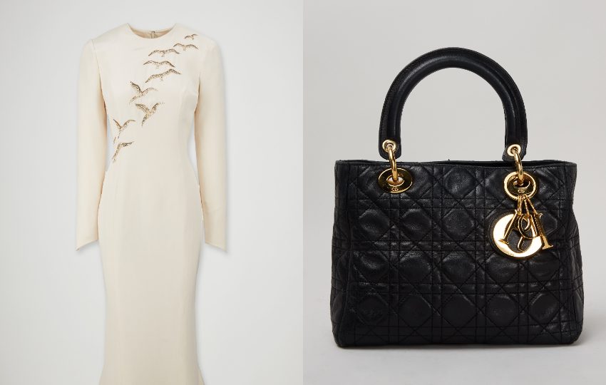 El vestido de noche 'Falcon' y el bolso de piel de cordero de la marca Dior. Foto: EFE / Julien's