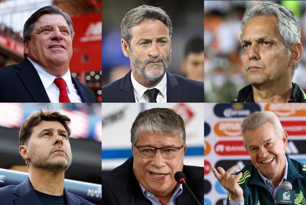 Los técnicos Miguel Herrera (ariba-i), Thomas Christiansen (arriba-c), Reynaldo Rueda (arriba-d), Mauricio Pochettino (abajo-i), Hernan Dario Goméz (abajo-c) y Javier Aguirre. Foto: EFE