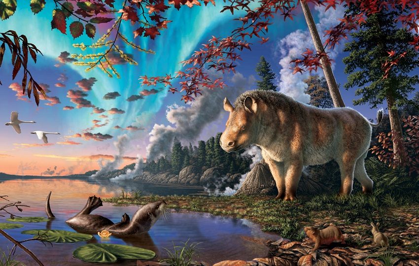 Recreación artística de Epiatheracerium itjilik en su hábitat de lago boscoso. Foto: EFE