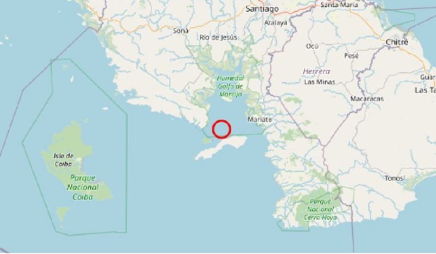 Epicentro (círculo rojo) del sismo sentido esta tarde en varias provincias. Foto: Cortesía UP