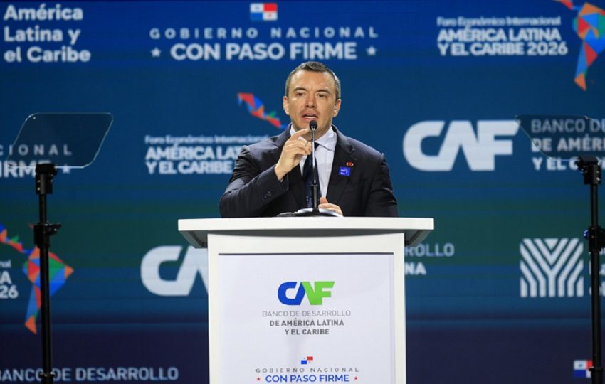 El presidente de Ecuador, Daniel Noboa, habla durante el Foro Económico Internacional América Latina y el Caribe 2026 este miércoles, en Ciudad de Panamá (Panamá). EFE/ Bienvenido Velasco