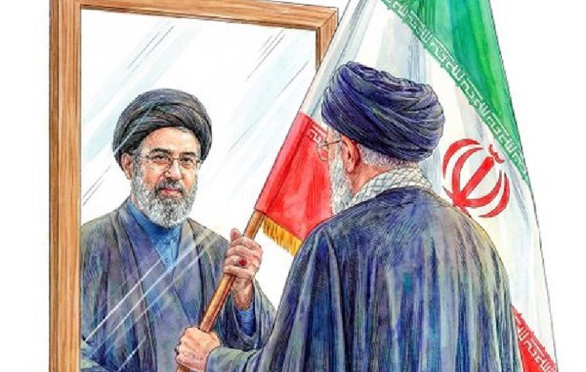 Imagen difundida en la cuenta en X @Khamenei_m del fallecido ayatolá, Ali Jameneí, donde se ve a Jameneí (d) entregando una bandera de Irán a su hijo Mojtaba Jameneí. EFE/ @Khamenei_m