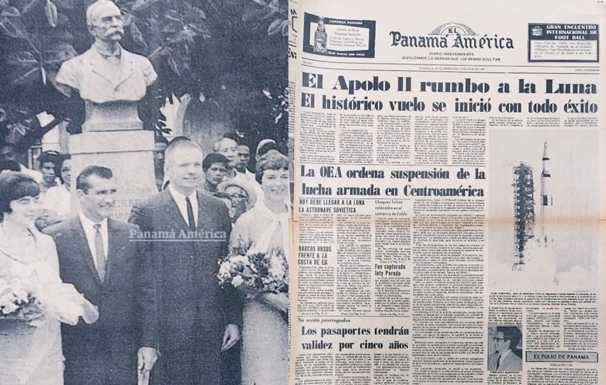 Armstrong en Panamá en octubre de 1966 junto a la portada de PA del despegue hacia la Luna en 1969. Foto: Grupo Epasa