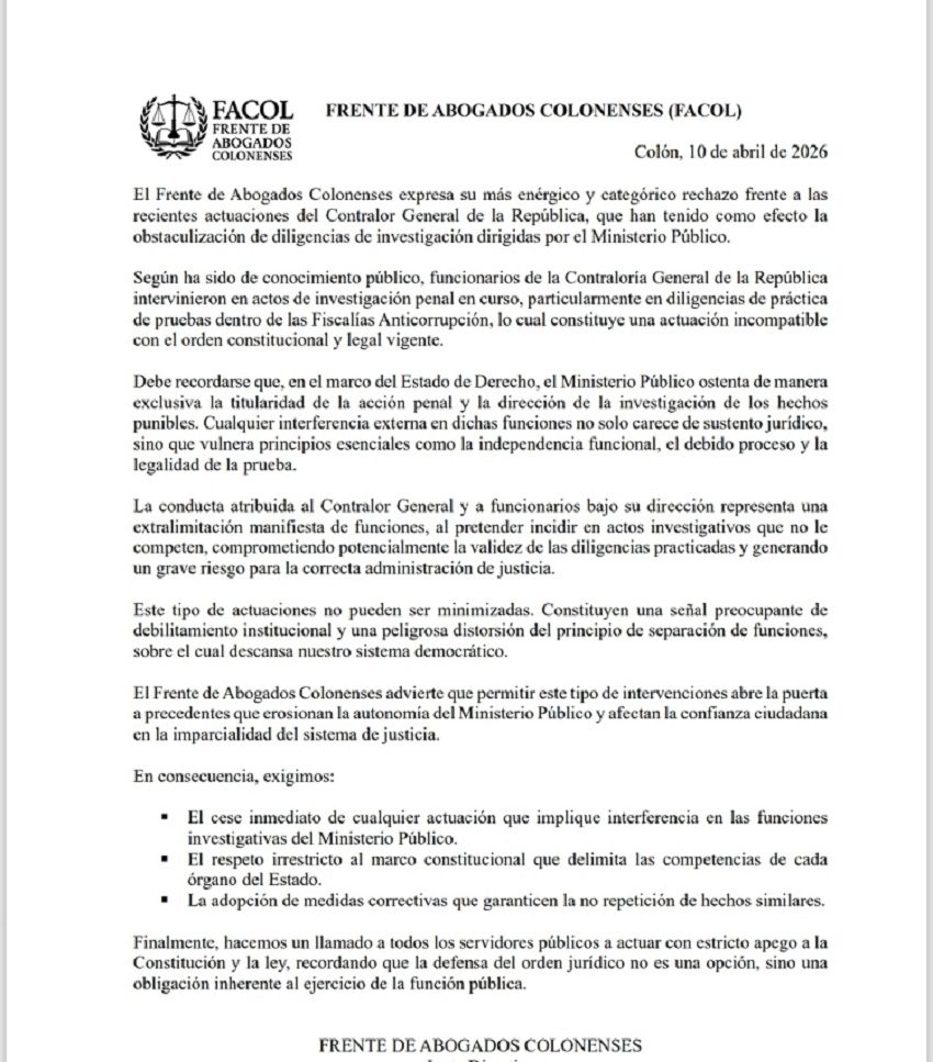 El gremio de abogados de Colón en un comunicado dejan m i clara su posición.