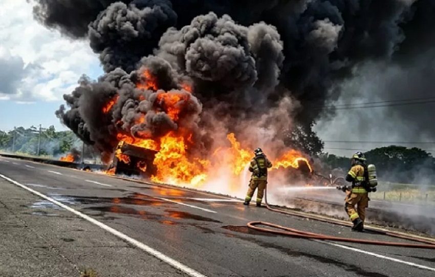 Se detalló que el camión cisterna transportaba cerca de 9 mil galones de combustible Foto. BCBRP