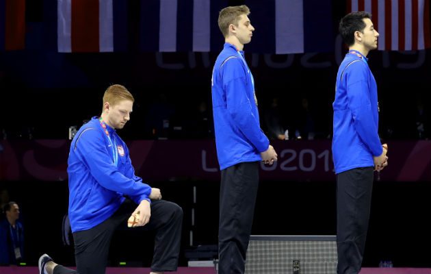 Race Imboden, quien protestó en los Juegos Panamericanos al arrodillarse, dijo que cree que algunos atletas se manifestarán sin importar las consecuencias. Foto/ Juan Ponce/EPA, vía Shutterstock.