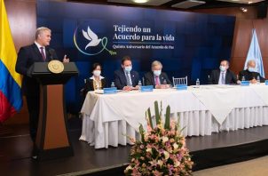 El presidente de Colombia, Iván Duque (i), durante su discurso junto al Secretario General de las Naciones Unidas (ONU), António Guterres (c). EFE