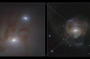 Dos núcleos galácticos brillantes, cada uno de los cuales alberga un agujero negro supermasivo. EFE