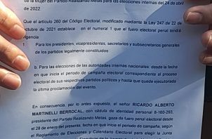 Certificación expedida por el Tribunal Electoral donde se reconoce el fuero penal de Martinelli. Foto: Grupo Epasa