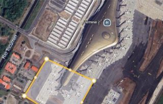 Diseño conceptual en el que se señala con línea amarilla en donde se concentrará la ampliación del Muelle Sur del aeropuerto.  Cortesía