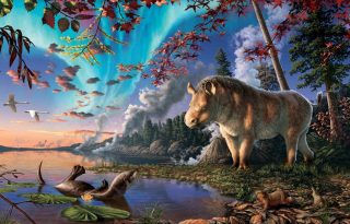 Recreación artística de Epiatheracerium itjilik en su hábitat de lago boscoso. Foto: EFE