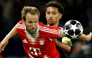 Marquinhos, del PSG, y Harry Kane, del Bayern, en el juego de ida. Foto: EFE