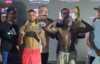 El panameño Ángel Bethancourt y el colombiano Yuberjen 'Tremendo' Martínez, listos para su combate. Foto: Jaime Chávez