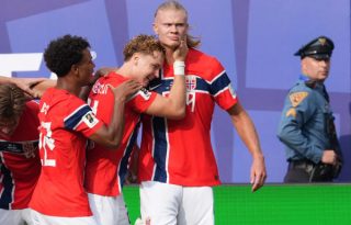 Erling Haaland de Noruega celebra un gol este domingo, en un partido por los octavos de final del Mundial de la FIFA 2026 entre Brasil . Foto. EFE