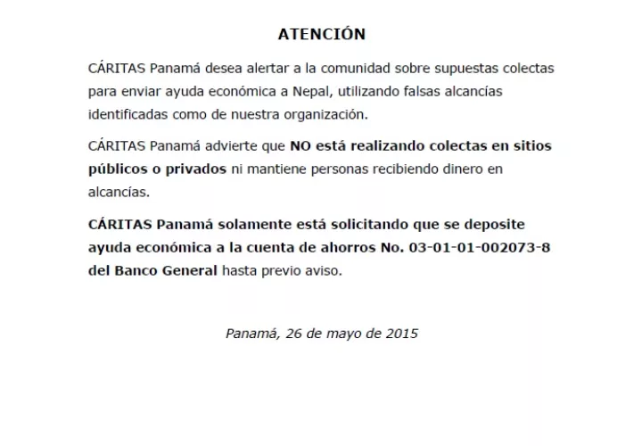 Comunicado oficial de Cáritas Panamá.