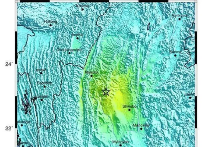 Fotografía de un mapa sismico facilitada por el Servicio Geológico de los Estados Unidos (USGS) de un terremoto de 6,9 grados de magnitud (indicado con una estrella, C) en el noroeste de Birmania, el 13 de abril de 2016. EFE