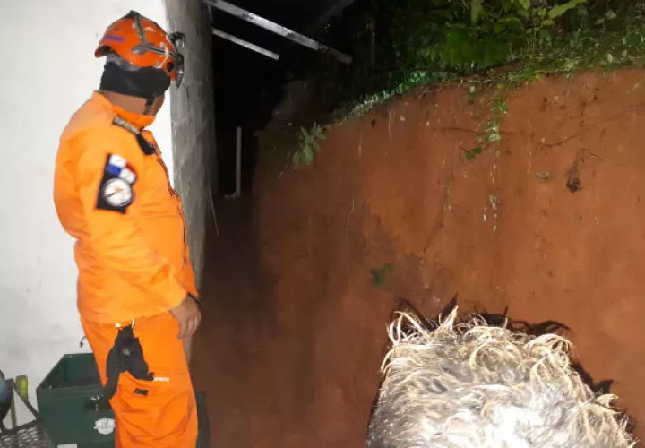 Sinaproc inspecciona la casa afectada por el deslizamiento y caída de un muro. Foto/Thays Domíngeuz