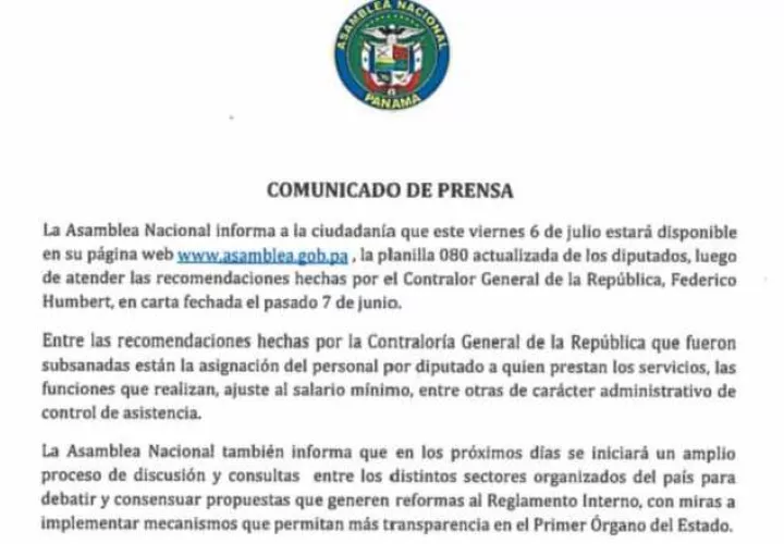 Asamblea hizo publica la nota de la planilla /Foto Cortesía.