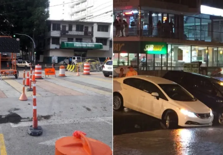 Reparan losa en la Vía Argentina que había colapsado tras la lluvia del miércoles. Foto: Redes sociales.