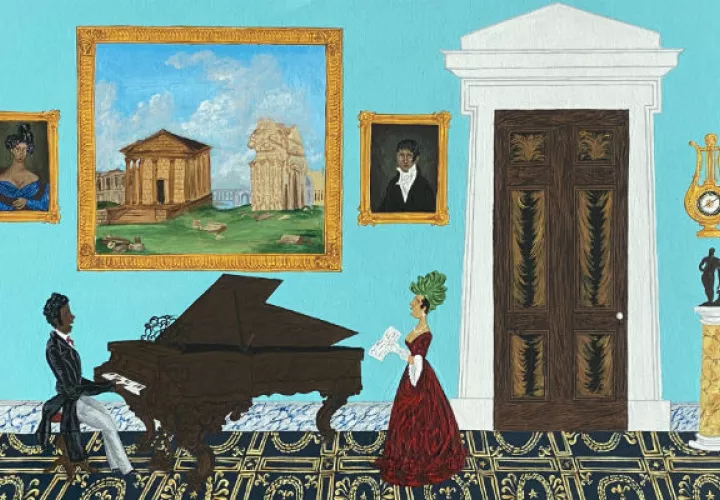 Andrew LaMar Hopkins retrata el significativo papel de los criollos en la vida cívica de Nueva Orleans. “Edmond Dédé Piano Recital” (2019) muestra al músico y compositor criollo libre en su elegante salón. Foto / Andrew LaMar Hopkins.