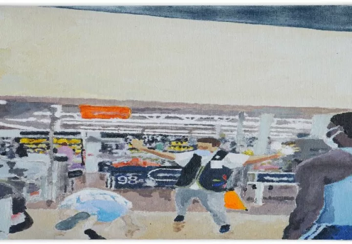 Representación artística del video viral en el que un empleado de un Walmart de Florida es empujado por un cliente sin máscara, que también se cae. (Ilustración por Tracy Ma/The New York Times)