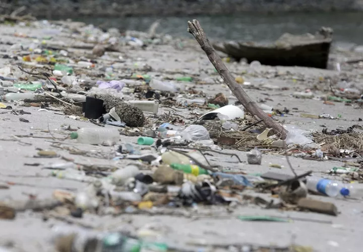 Plásticos acumulados en la Cinta Costera del 05 de agosto de 2025 en la bahía de Ciudad de Panamá (Panamá). EFE/ Carlos Lemos